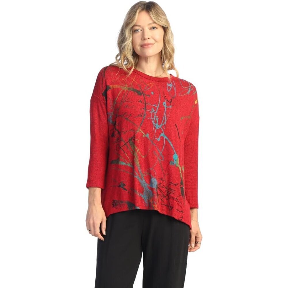 Womens Knit Sweater Top Poly Rayon Spandex Relaxed Fit Red Large Pullover